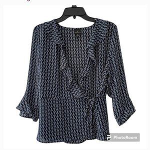 Worthington Wrap Blouse Black/Blue/White Floral Ruffle Sheer Side Tie 3/4 Sleeve